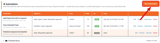 The Automations page with the list of rules and the New automation button highlighted