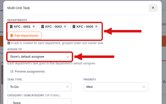 The Multi-Unit Task window with three KFC locations under Departments and the Assign To dropdown highlighted