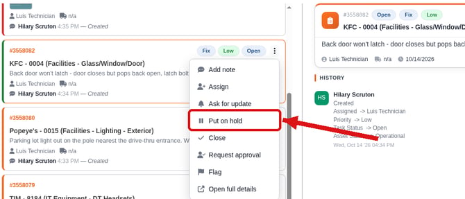 Task card menu with Put on hold highlighted