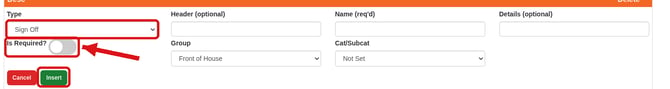 The Add Item form with Type set to Sign Off and the Is Required? switch and Insert button highlighted