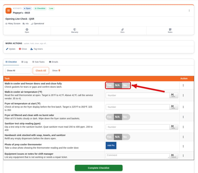Checklist with the Yes, N/A and No buttons highlighted