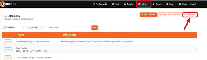 The Templates button at the top right of the Checklists page under Admin