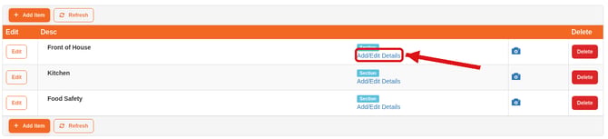 The Add/Edit Details link next to the Front of House section highlighted