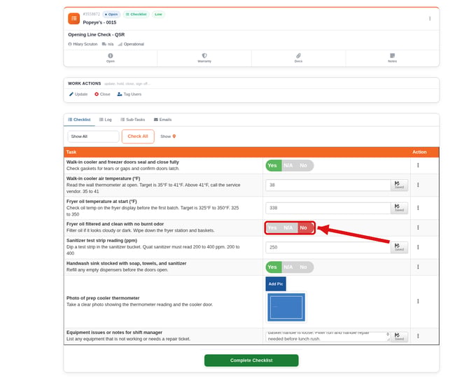 Checklist item answered No with photo option