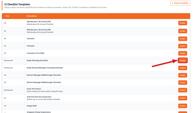 The Checklist Templates list with the Enable button next to Daily Cleaning Checklist highlighted