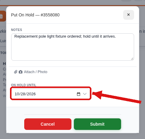 Put on hold dialog with On hold until date highlighted