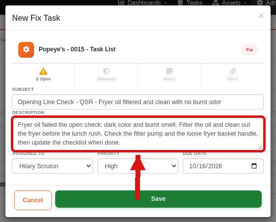 New Fix Task dialog for a failed checklist item
