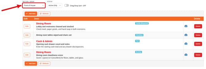 The Section / Group filter set to Front of House, showing that section's line items
