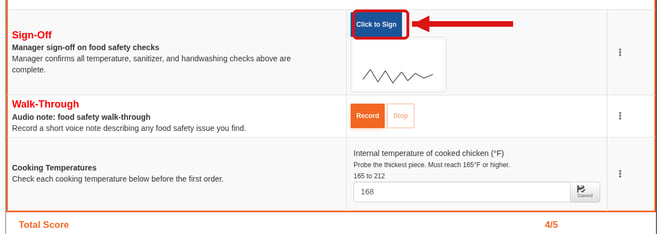 A checklist being completed with the Click to Sign button on the Manager sign-off on food safety checks line item highlighted