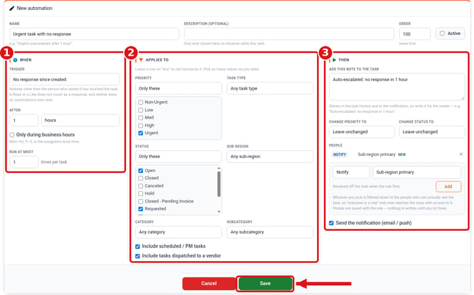 The New automation editor with the When, Applies to and Then sections numbered 1 to 3 and the Save button highlighted