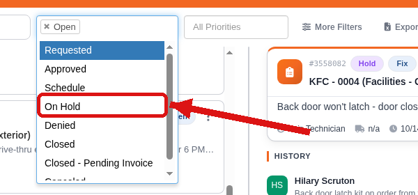 Status filter with On Hold selected