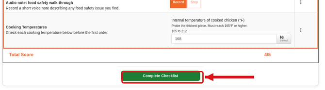 The bottom of the checklist with the Complete Checklist button highlighted