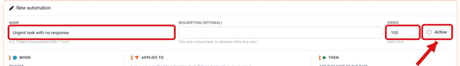 The top row of the editor with the Name, Order and Active fields highlighted