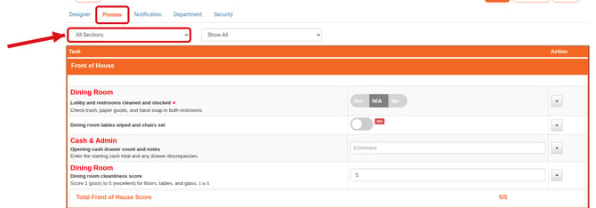 The Preview tab with the All Sections dropdown highlighted above the Front of House section