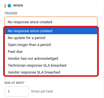 The Trigger dropdown open, showing all seven triggers