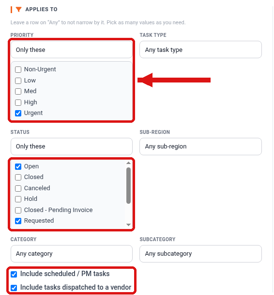 The Applies to section with Priority set to Only these and Urgent checked, the default Status values, and the two Include checkboxes highlighted