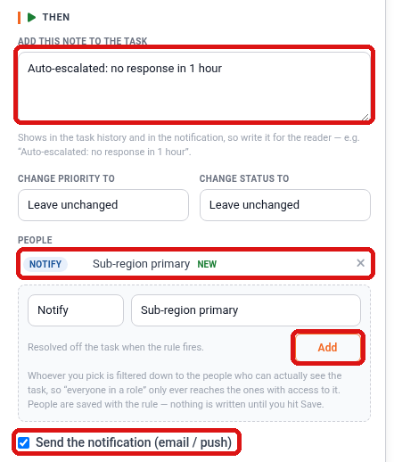 The Then section with the note, the Notify Sub-region primary entry, the Add button and the Send the notification checkbox highlighted