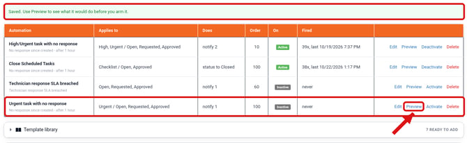 The Automations list after saving, with the Saved message, the new inactive rule and its Preview link highlighted