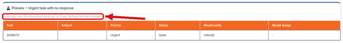 The Preview panel showing one task the rule would act on, with the Nothing has been changed message highlighted